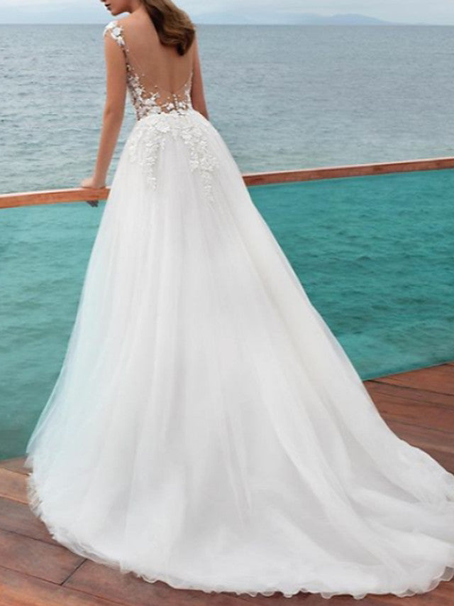 Romantic Beach A-Line Wedding Dress Jewel Lace Tulle Straps Sexy Backless Bridal Gowns Sweep Train