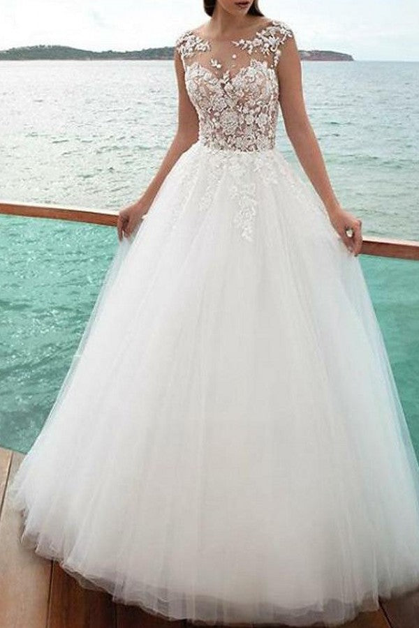 Romantic Beach A-Line Wedding Dress Jewel Lace Tulle Straps Sexy Backless Bridal Gowns Sweep Train