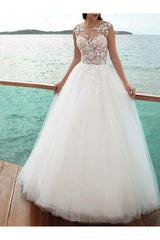 Romantic Beach A-Line Wedding Dress Jewel Lace Tulle Straps Sexy Backless Bridal Gowns Sweep Train