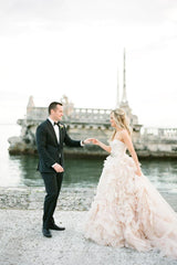 Romantic Blush Pink Ruffle Tiered Wedding Dress A-line Cute Popular Custom Made Organza Formal Bridal Gowns