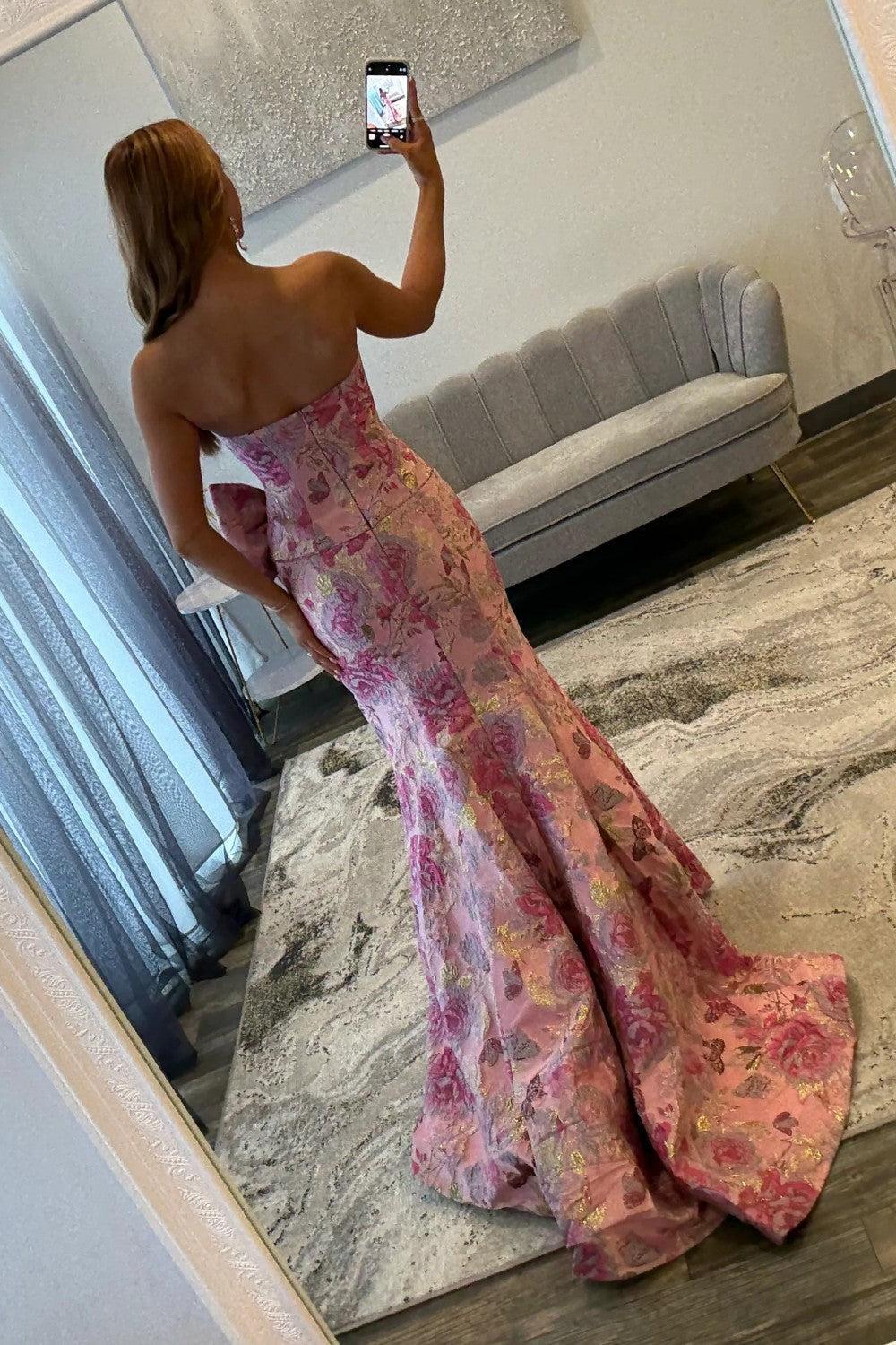 Romantic Floral Strapless Mermaid Prom Dress With Bow Detail And High Slit Formal Evening Gown
