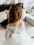 Romantic Long Sleeves White Tulle Lace Appliques Flower Girl Dress