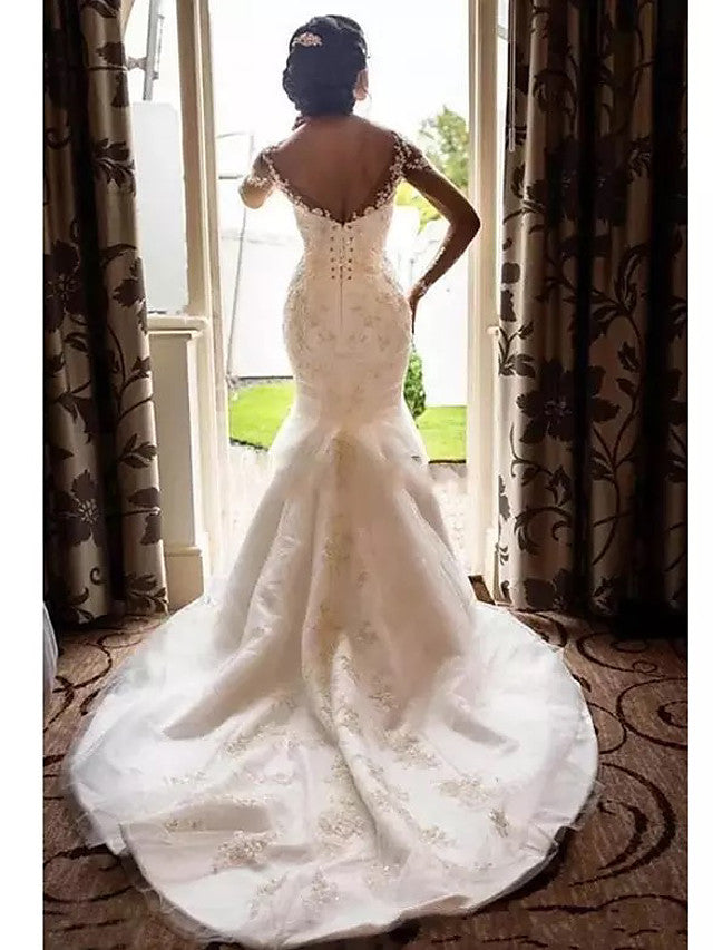 knee length dresses for ladies Davinci Bridal 50633 Long Lace Fit & Flare Wedding Dress Train Sheer Open Back Gown 24 / Ivory/Ivory main image 1