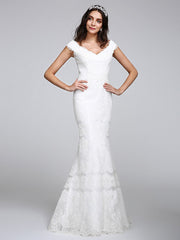 Romantic Mermaid Wedding Dress V-neck All Over Lace Cap Sleeve Sexy Backless Bridal Gowns Illusion Detail