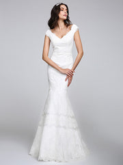 Romantic Mermaid Wedding Dress V-neck All Over Lace Cap Sleeve Sexy Backless Bridal Gowns Illusion Detail