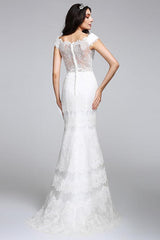Romantic Mermaid Wedding Dress V-neck All Over Lace Cap Sleeve Sexy Backless Bridal Gowns Illusion Detail