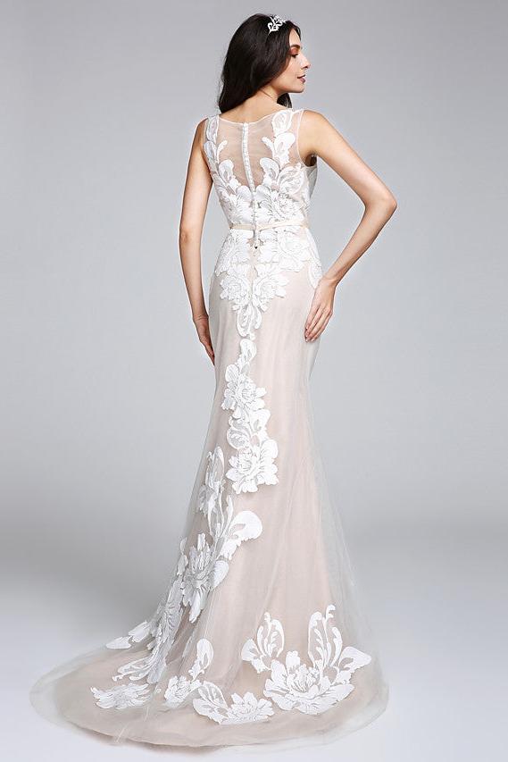 Romantic Mermaid Wedding Dresses Bateau Tulle Floral Lace Straps Boho Sexy Bridal Gowns with Sweep Train
