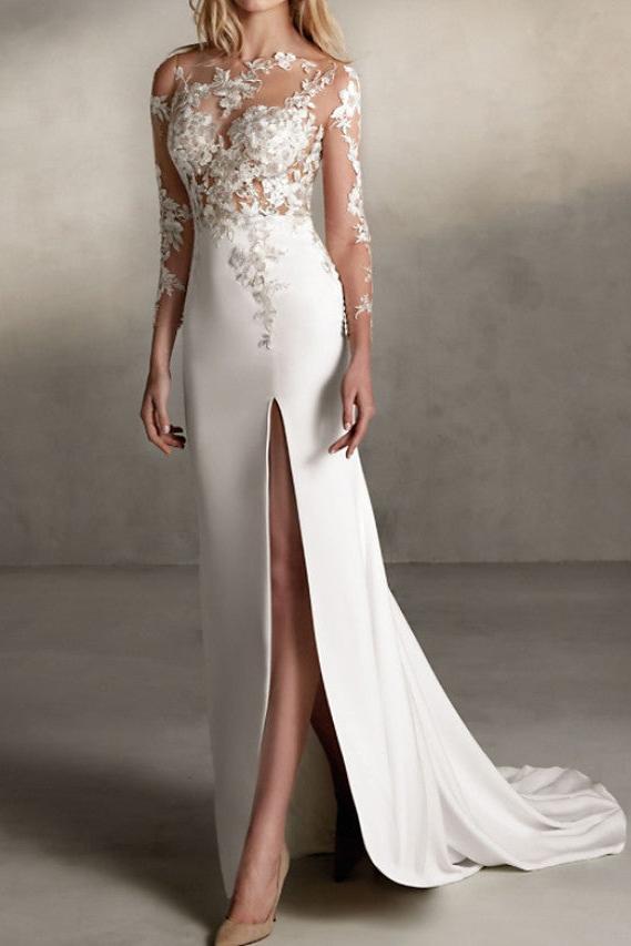 Romantic Mermaid Wedding Dresses Jewel Lace Tulle Long Sleeve Sexy Bridal Gowns with Sweep Train