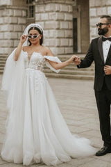 Romantic Off-the-Shoulder Cap Sleeves Long tulle Bridal Dress