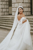 Romantic Off-the-Shoulder Cap Sleeves Long tulle Bridal Dress