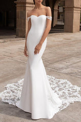 Romantic Plus Size Mermaid Wedding Dress Off Shoulder Lace Satin Short Sleeve Bridal Gowns with Court Train