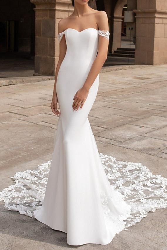 Romantic Sexy Backless Mermaid Wedding Dress Off Shoulder Satin Short Sleeve Bridal Gowns with Court Train