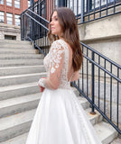 Romantic Soft Lace Wedding Dress Long Sleeves Aline Bridal Dress with V-Neck