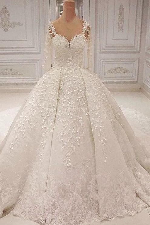 Romantic Sweetheart Wedding Dress Long Sleeves Lace Appliques Bridal Gowns On Sale