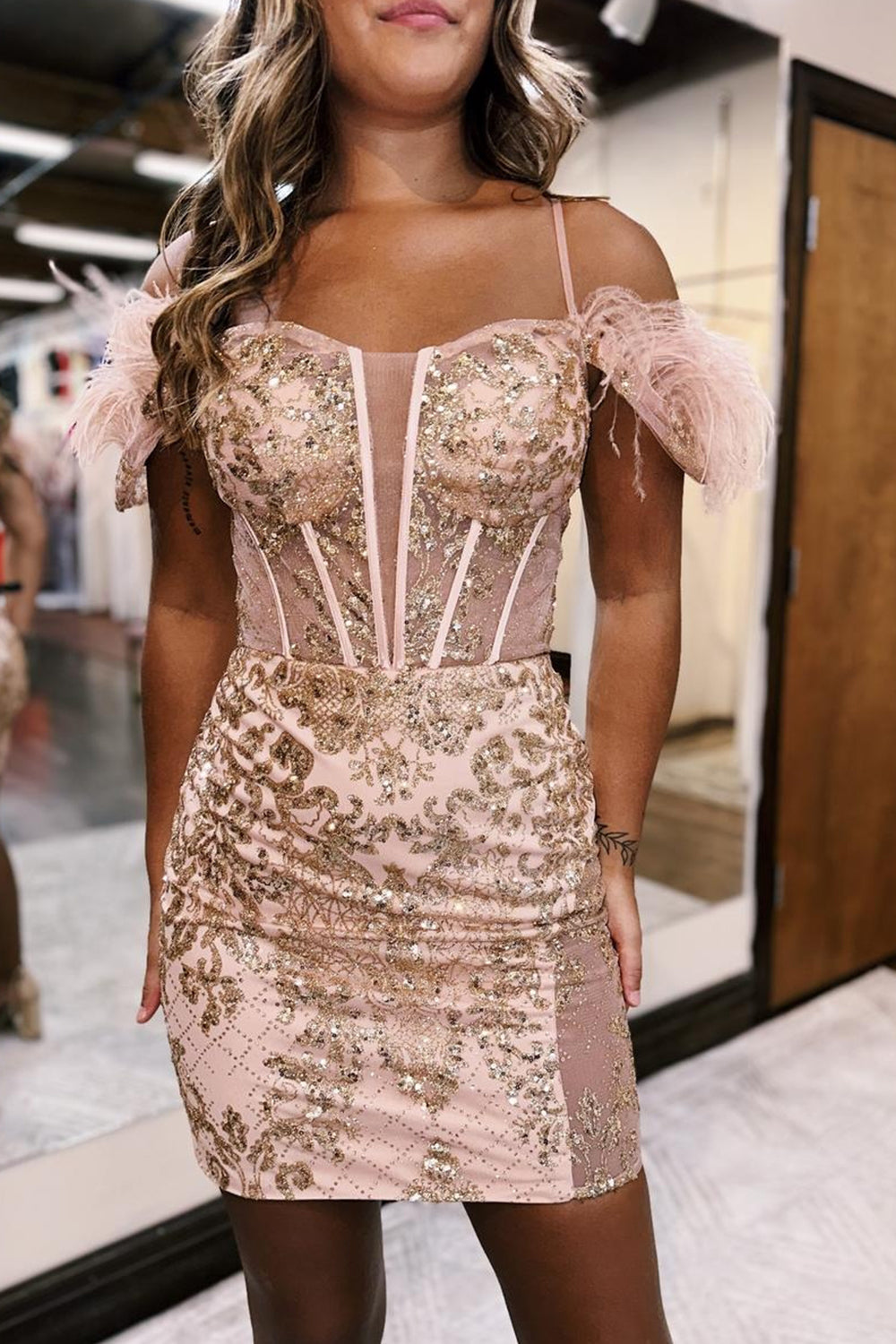 Rose Golden Homecoming Dresses Corset Sequin Tight Short Cocktail Dresses With Feather