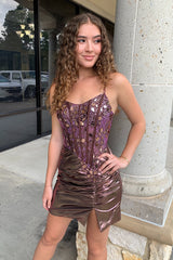Rose Golden Homecoming Dresses Spaghetti Straps Mirror Tight Short Cocktail Dresses with Beading
