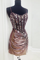 Rose Golden Homecoming Dresses Spaghetti Straps Mirror Tight Short Cocktail Dresses with Beading