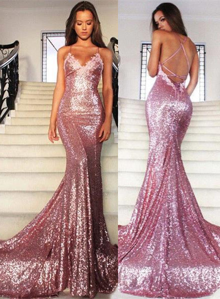 Rose Pink Mermaid Sequins Party Dresses Spaghetti Strap Long Evening Gowns AE0124