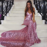Rose Pink Mermaid Sequins Party Dresses Spaghetti Strap Long Evening Gowns AE0124