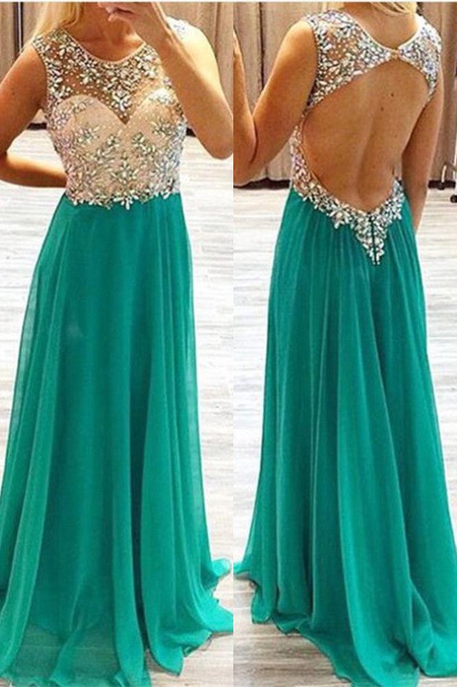 Round Neck Chiffon Evening Dress Long Backless Green Prom Dress With Beading