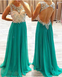 Round Neck Chiffon Evening Dress Long Backless Green Prom Dress With Beading