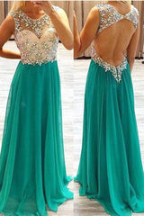 Round Neck Chiffon Evening Dress Long Backless Green Prom Dress With Beading