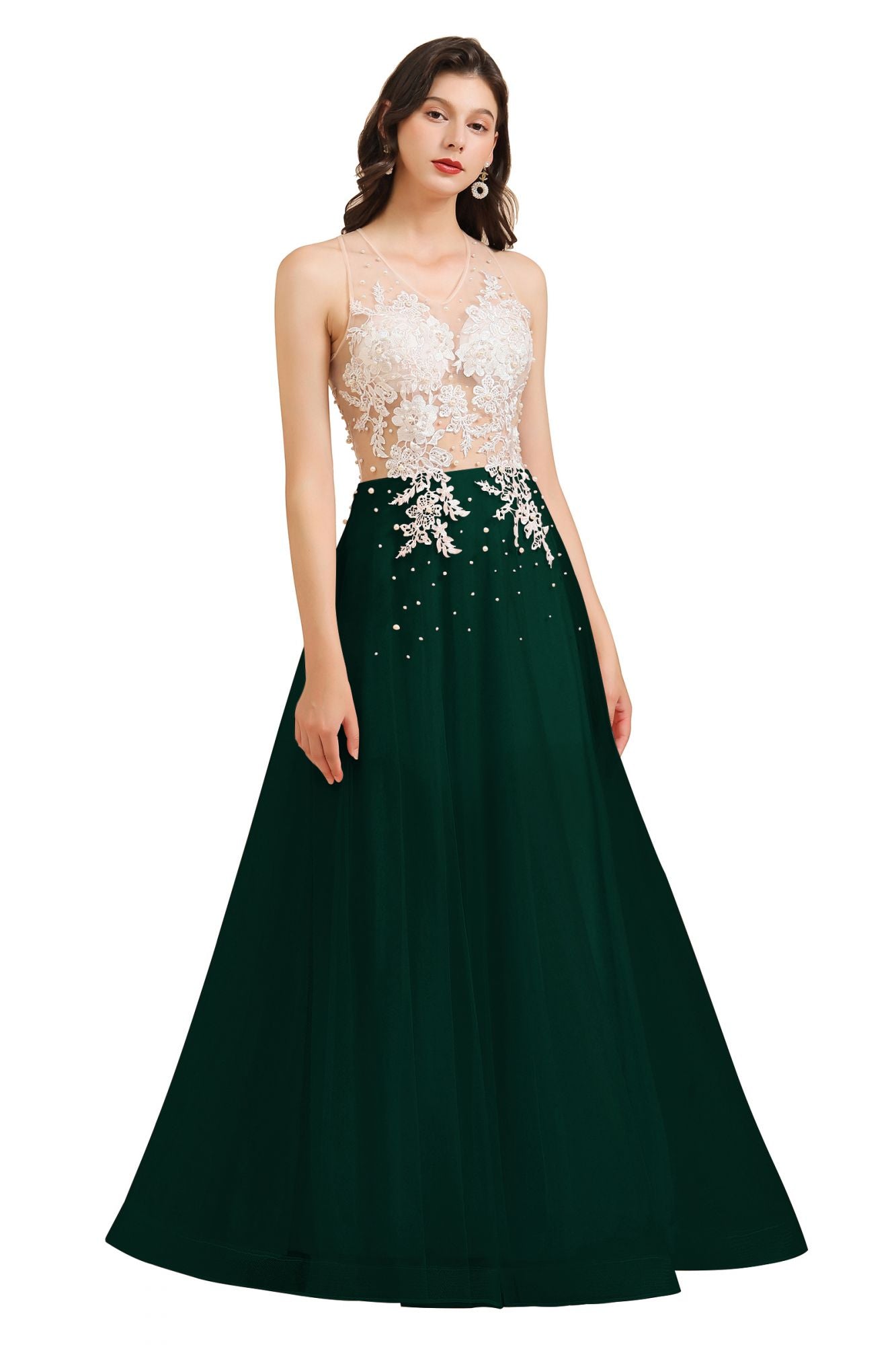Round Neck Lace Appliques Long Evening Prom Dress