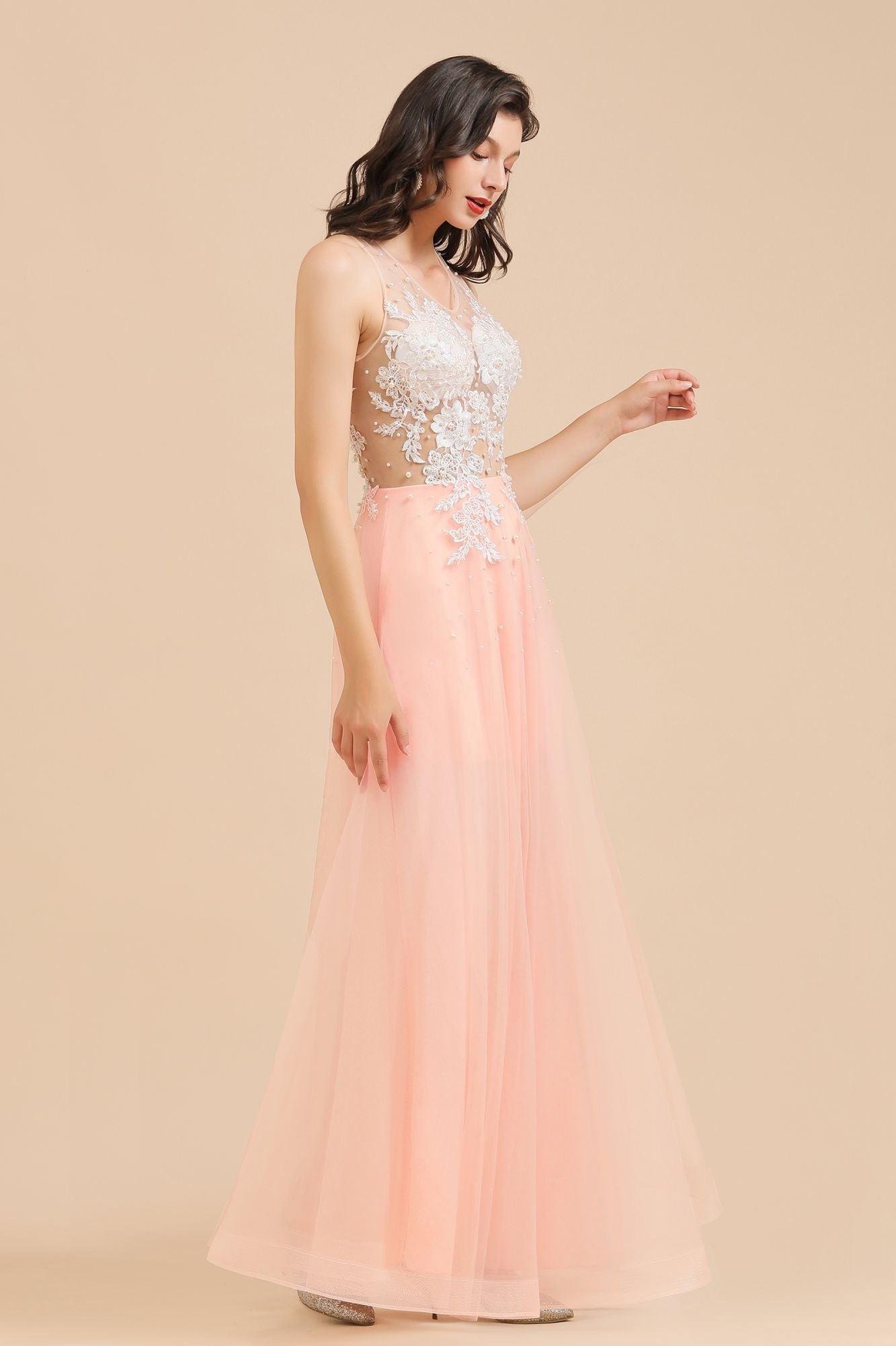 Round Neck Lace Appliques Long Evening Prom Dress