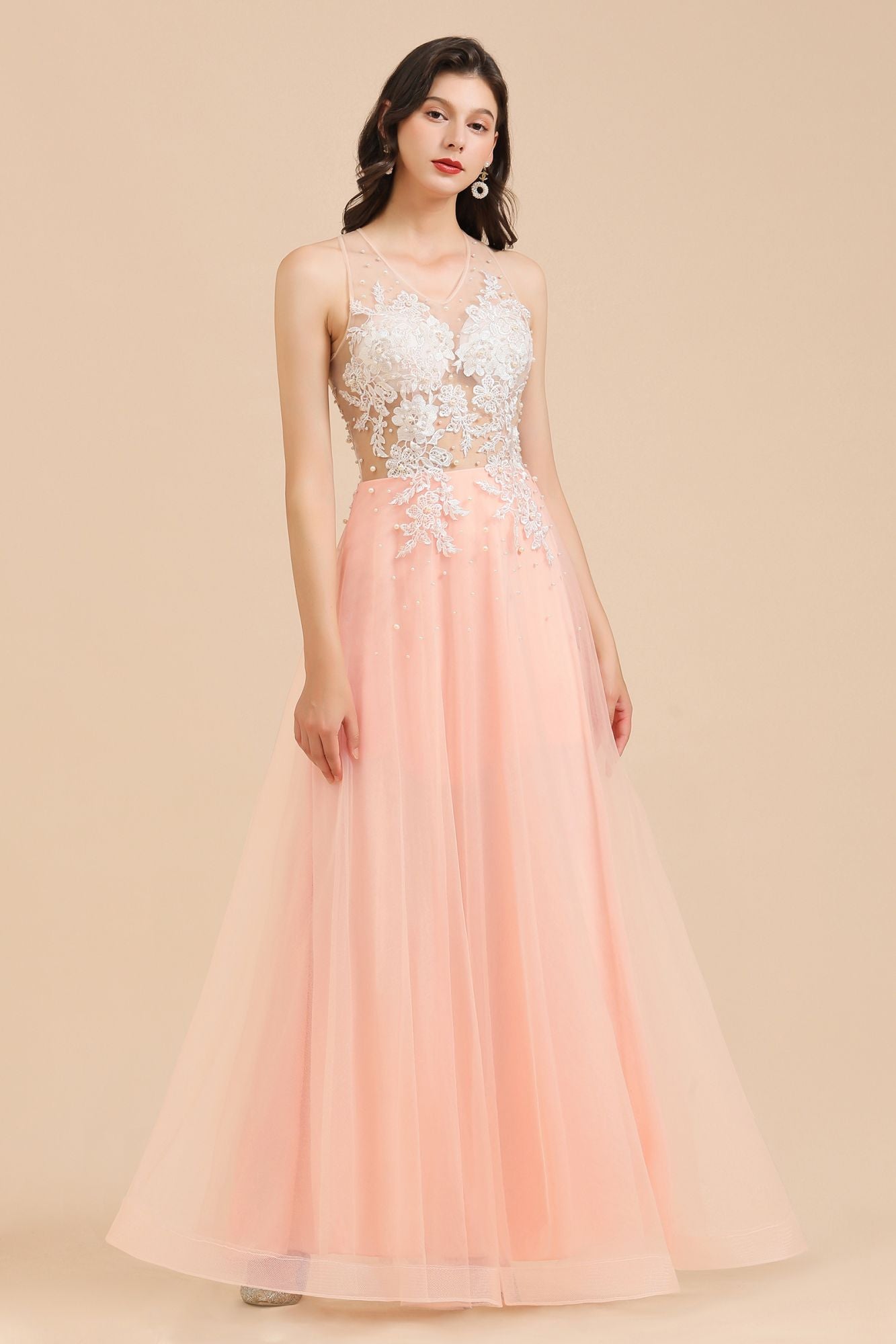 Round Neck Lace Appliques Long Evening Prom Dress