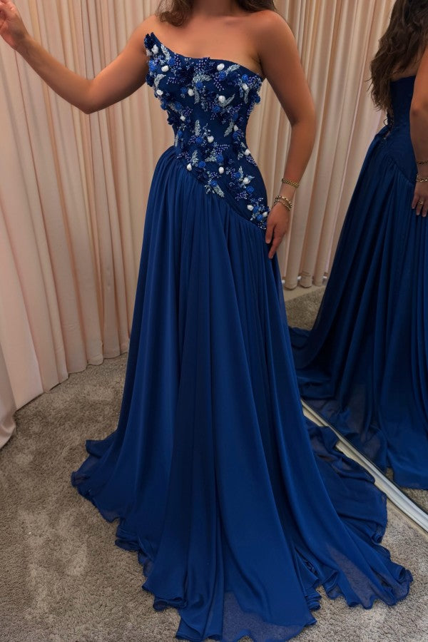 Royal Blue Chiffon A Line Prom Dress with 3D Floral Bodice