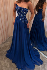 Royal Blue Chiffon A Line Prom Dress with 3D Floral Bodice