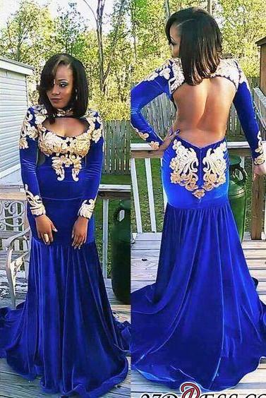 Royal Blue Evening Dress Appliques Gorgeous Long Sleeve Zipper Mermaid Velvet Prom Dress