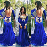 Royal Blue Evening Dress Appliques Gorgeous Long Sleeve Zipper Mermaid Velvet Prom Dress