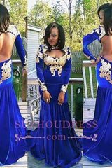 Royal Blue Evening Dress Appliques Gorgeous Long Sleeve Zipper Mermaid Velvet Prom Dress