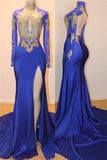 Royal Blue Gold Appliques Sexy Open Back Prom Dress Side Slit Long Sleeve