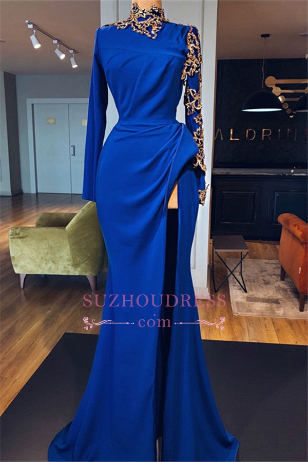 Royal-Blue High Neck Long-Sleeves Evening Dresses | Gold Appliques Side-Slit Prom Dresses