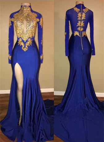 Royal Blue High Neck Mermaid Prom Dresses Long Sleeves Side Slit Appliques Evening Dresses BA7711
