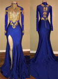 Royal Blue High Neck Mermaid Prom Dresses  Long Sleeves Side Slit Appliques Evening Dresses BA7711