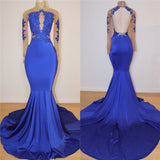 Royal Blue High Neck Prom Dresses | Open Back Mermaid Appliques Evening Dress BC0717