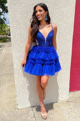 Royal Blue Homecoming Dresses A Line Ruffled Prom Dress With Appliques