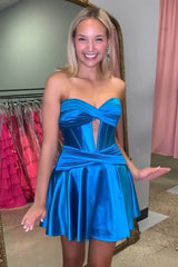 Royal Blue Homecoming Dresses A Line Strapless Corset Short Cocktail Dresses with keyhole