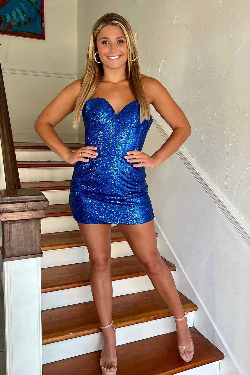 Royal Blue Homecoming Dresses Corset Tight Short Sequin Prom Dress