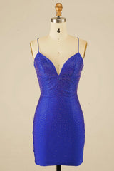 Royal Blue Homecoming Dresses Halter Beaded Tight Short Cocktail Dresses