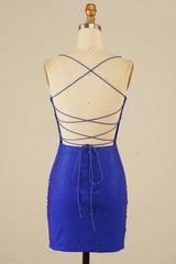 Royal Blue Homecoming Dresses Halter Beaded Tight Short Cocktail Dresses