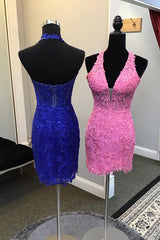 Royal Blue Homecoming Dresses Halter Bodycon Short Cocktail Dresses with Appliques