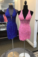 Royal Blue Homecoming Dresses Halter Bodycon Short Cocktail Dresses with Appliques