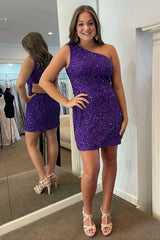 Royal Blue Homecoming Dresses Open Back One Shoulder Sequin Tight Short Hoco Dress