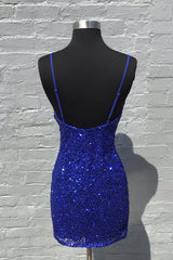 Royal Blue Homecoming Dresses Ruched Tight Short Sequin Prom Dress
