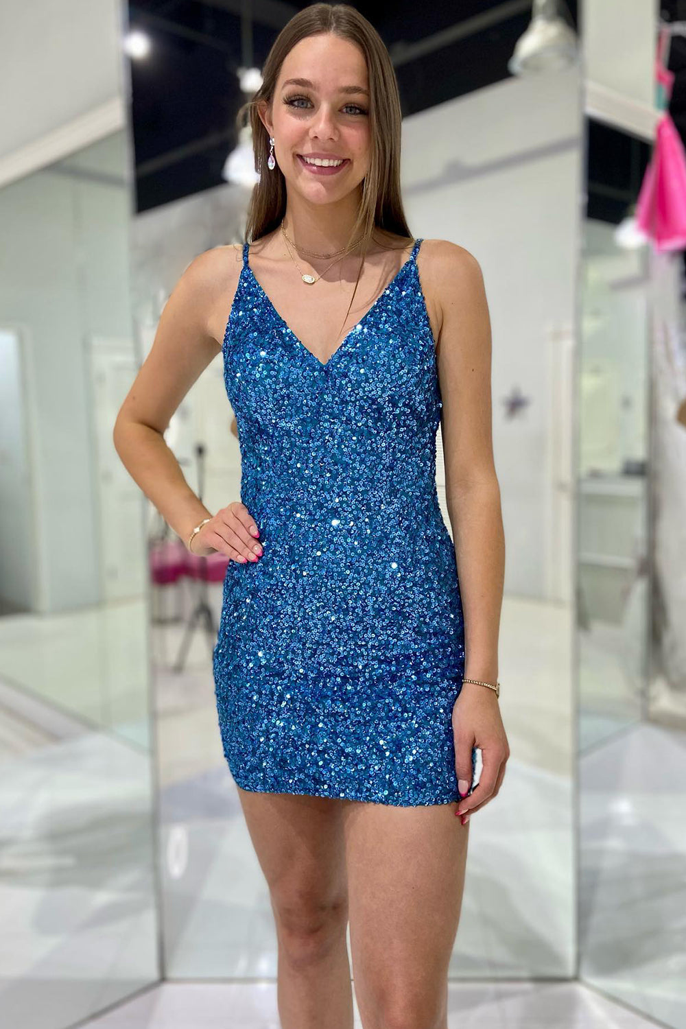 Royal Blue Homecoming Dresses Sequin Sleeveless Tight Prom Dress
