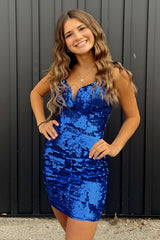 Royal Blue Homecoming Dresses Spaghetti Straps Tight Short Cocktail Dresses with Sequin